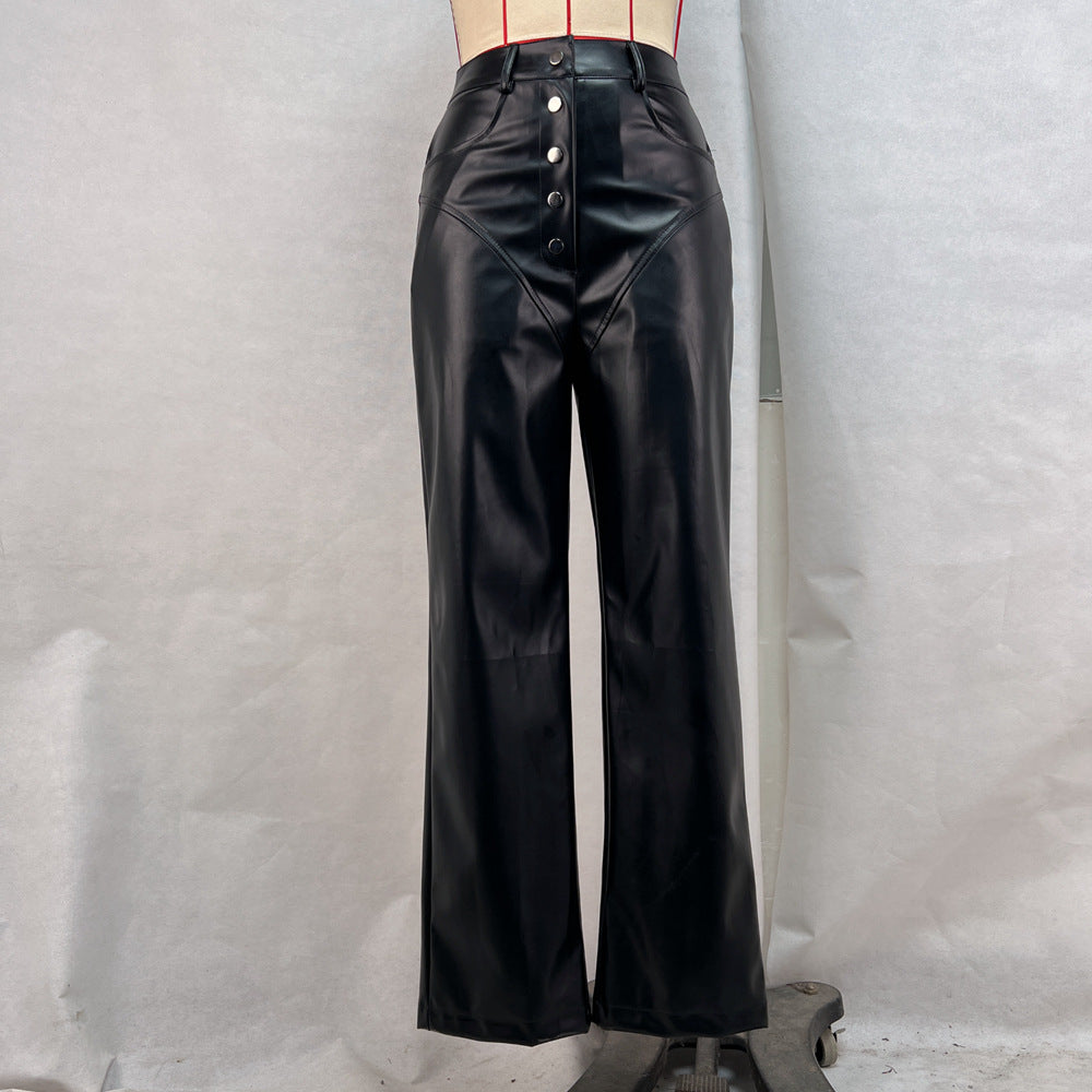 Autumn and Winter high waist leather stitching trousers for women casual straight pants leather pants