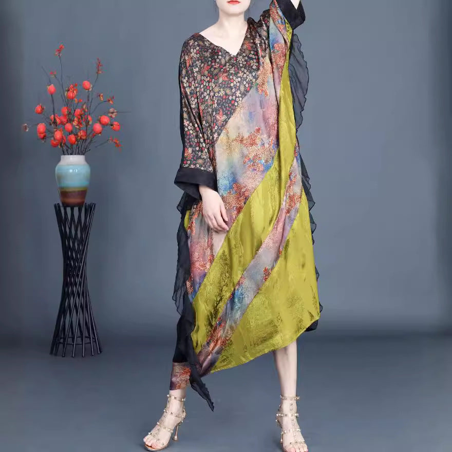 Vintage Jacquard Splicing Bat Sleeve V-Neck Maxi Dress