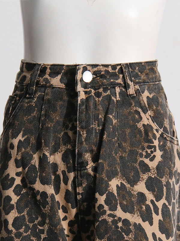 High Waisted Loose Leopard Printed Ripped Split-Joint Jean Pants Bottoms