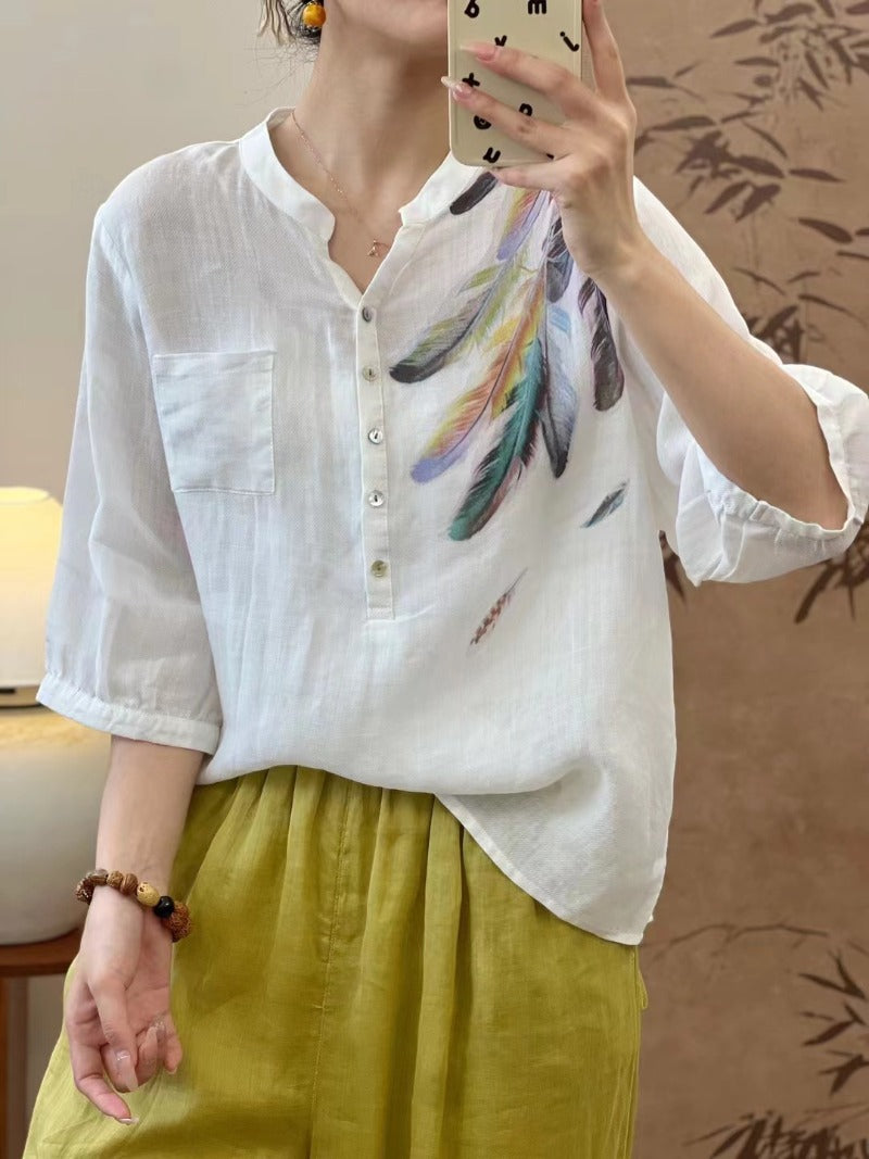 Literary Feather Print Ramie Shirt
