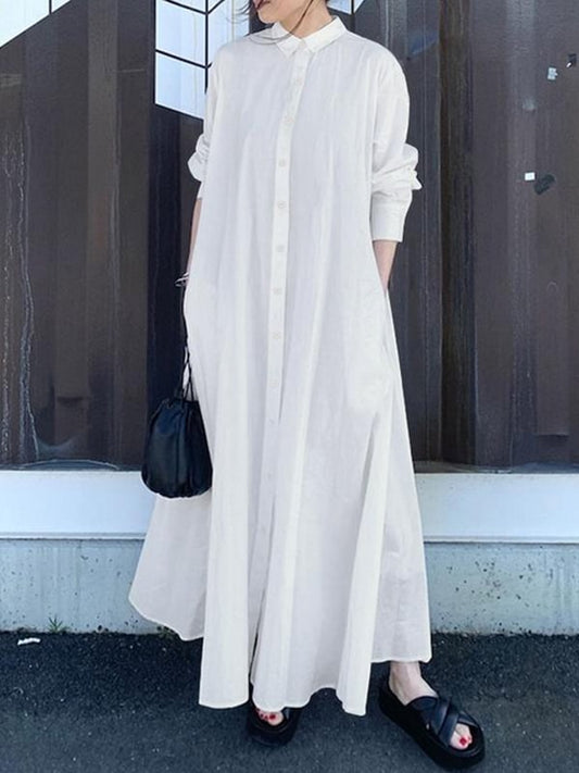 Solid Color Loose Long Sleeves Lapel Maxi Shirt Dresses