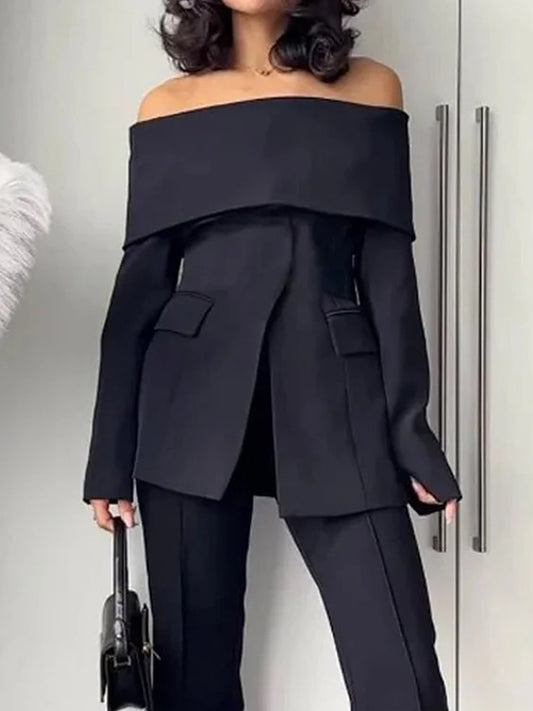 Long Sleeves Solid Color Split-Front Split-Joint Off-The-Shoulder Blazer