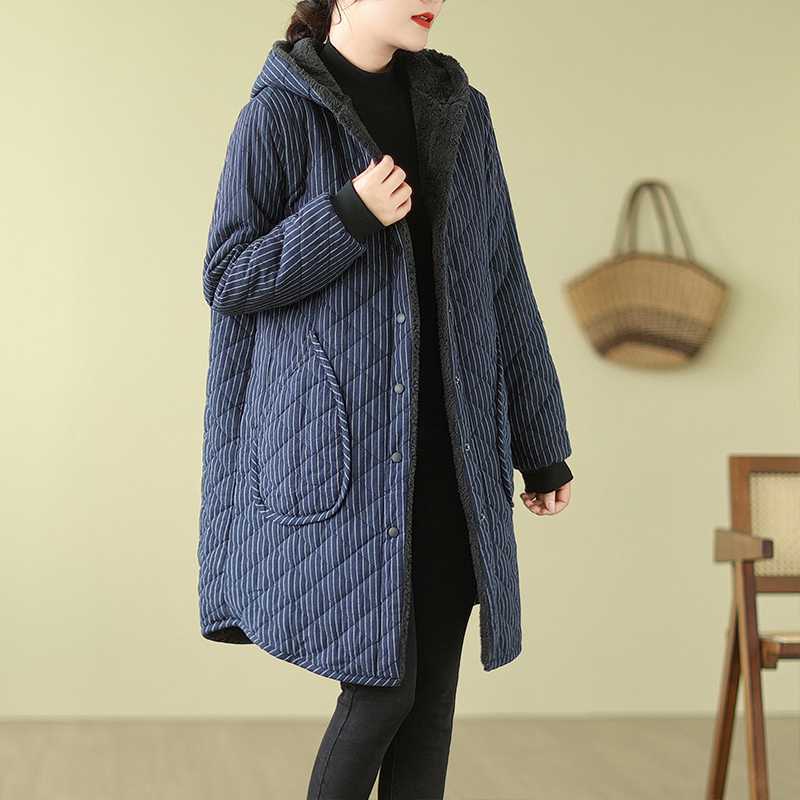 Vintage Warm Thickened Striped Hooded Coat