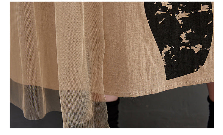 Retro Splicing Mesh Long Sleeve Midi Dress