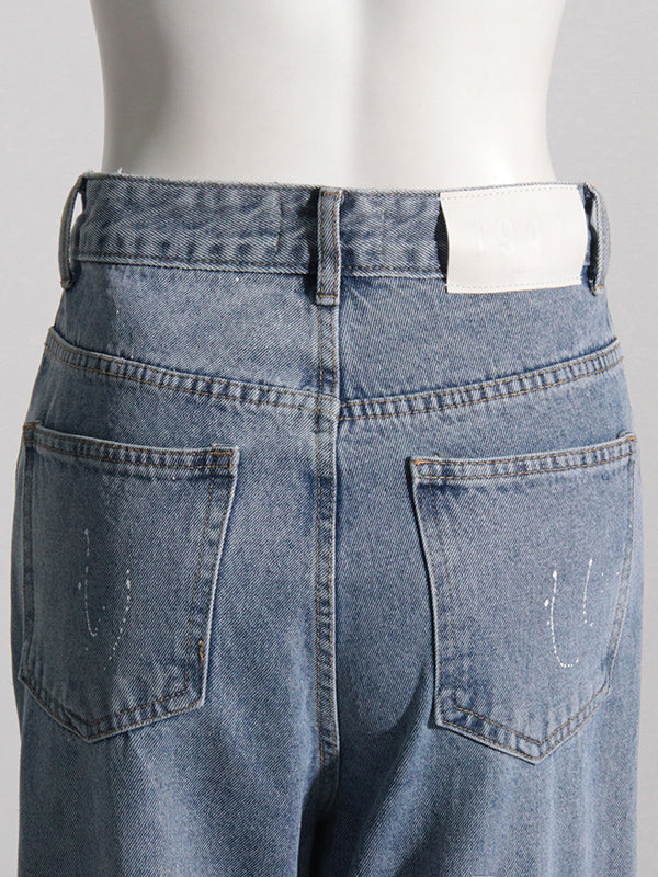 High Waisted Loose Belt Buckle Split-Joint Jean Pants Bottoms