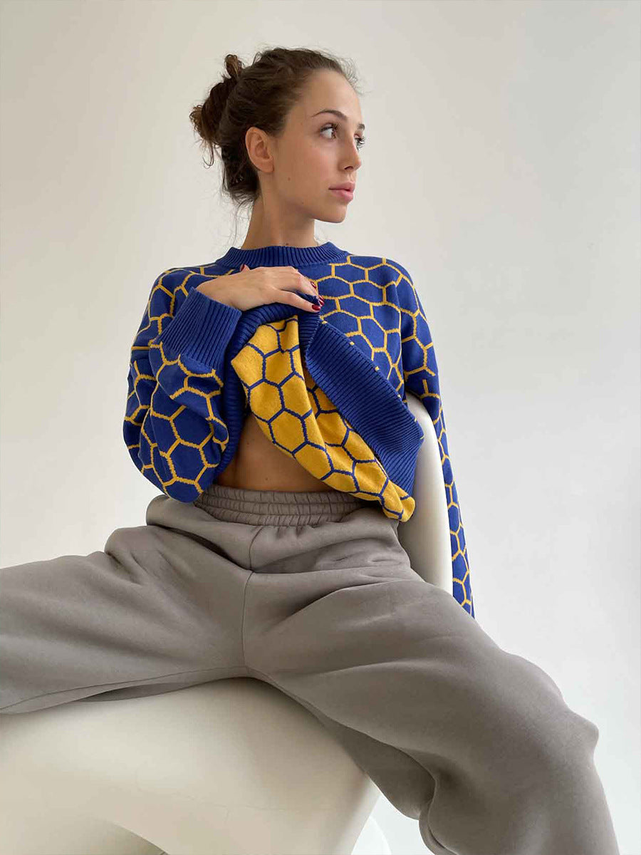 Round neck honey sweater autumn and winter loose plaid pullover round neck knitted women's top