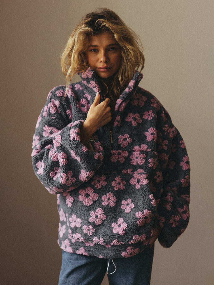 Polar fleece flower hoodie, European and American 2025 autumn and winter new fashion hoodie, warm woolen hoodie, women's sweater