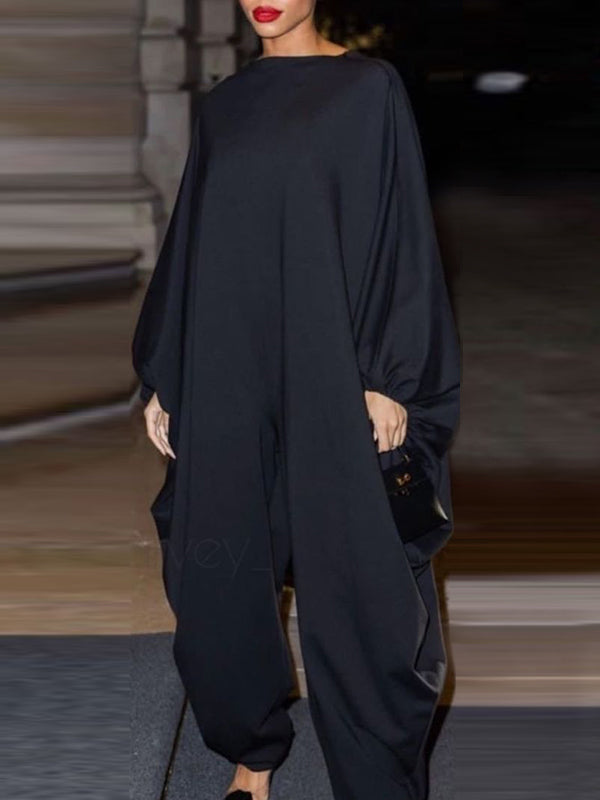 Batwing Sleeves Loose Mesh Solid Color Split-Joint Jumpsuits