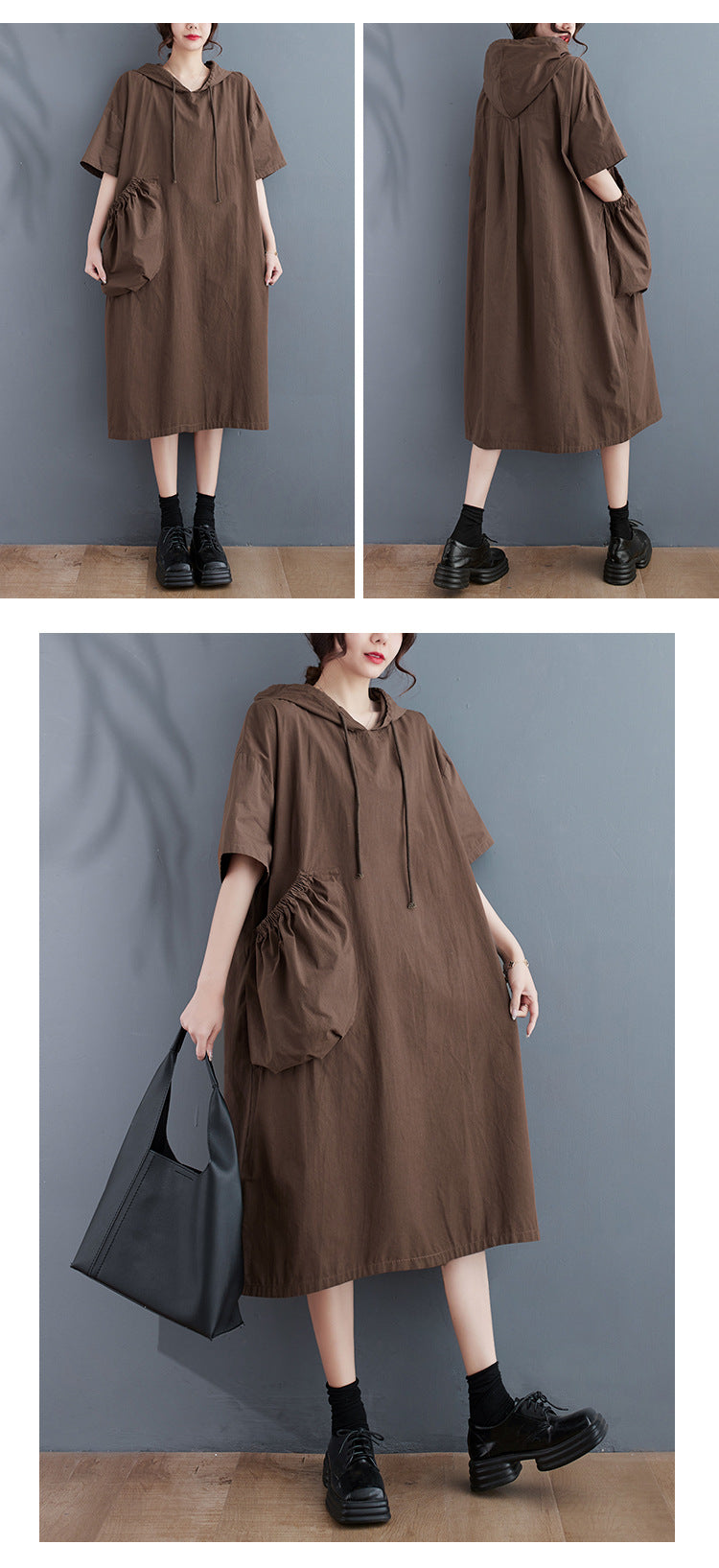 Loose Hooded Short Sleeve Midi Dress