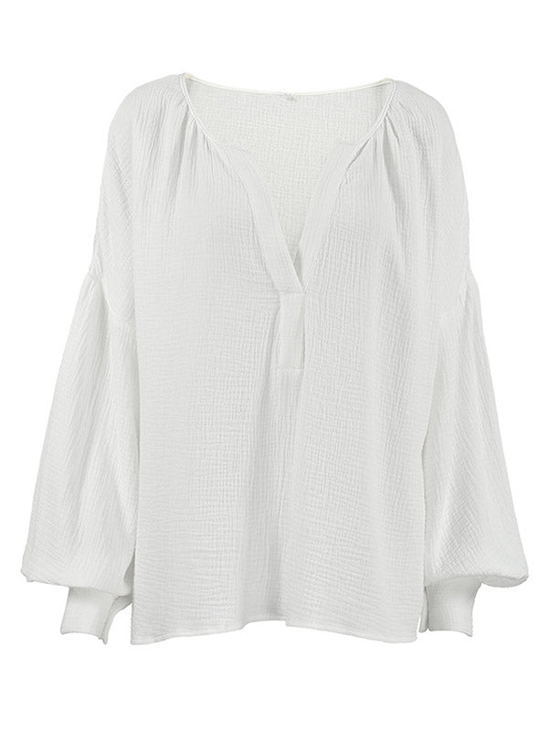 Loose Puff Sleeves Pleated Solid Color Split-Joint V-Neck Blouses&Shirts Tops