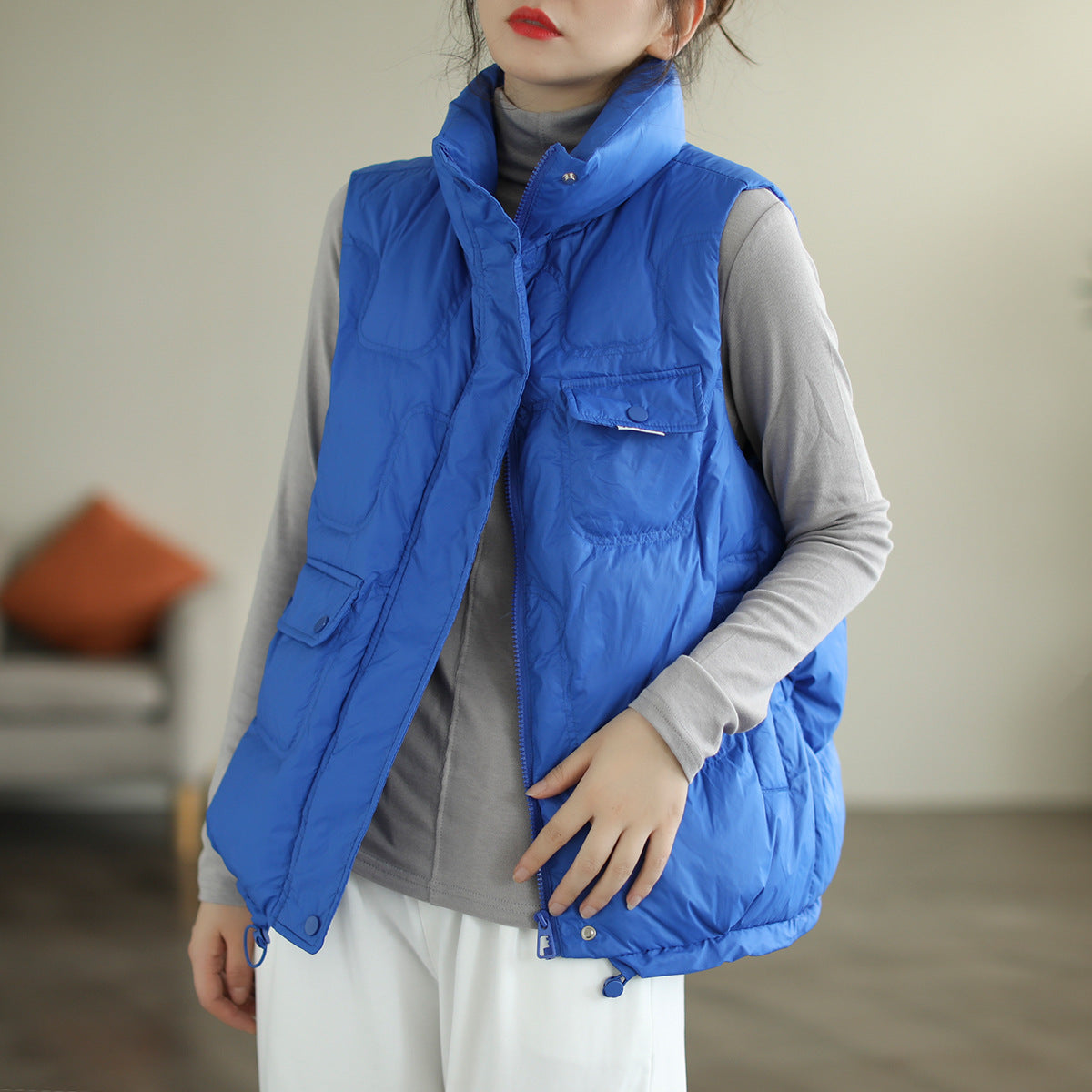 Literary Solid Color Stand Collar  Down Vest Coat