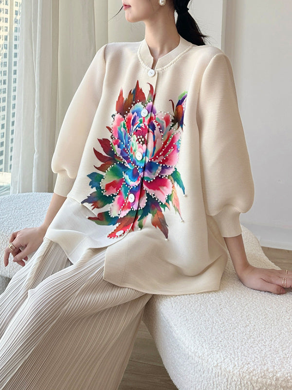 Loose Puff Sleeves Buttoned Flower Print Pleated Round-Neck T-Shirts Tops