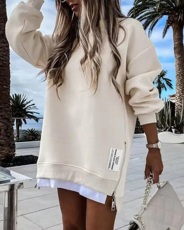 Oversized Zippered Side Slit Ribbed Sweatshirt Dress【Buy Two Free Shipping】