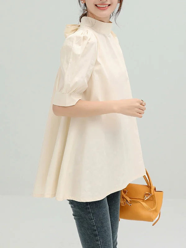 Half Sleeves Loose Bowknot Pleated Solid Color Mock Neck Blouses&Shirts Tops