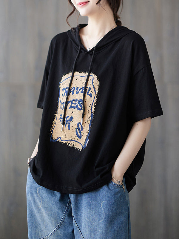 Casual Printed Hooded Short Sleeve T-shirt