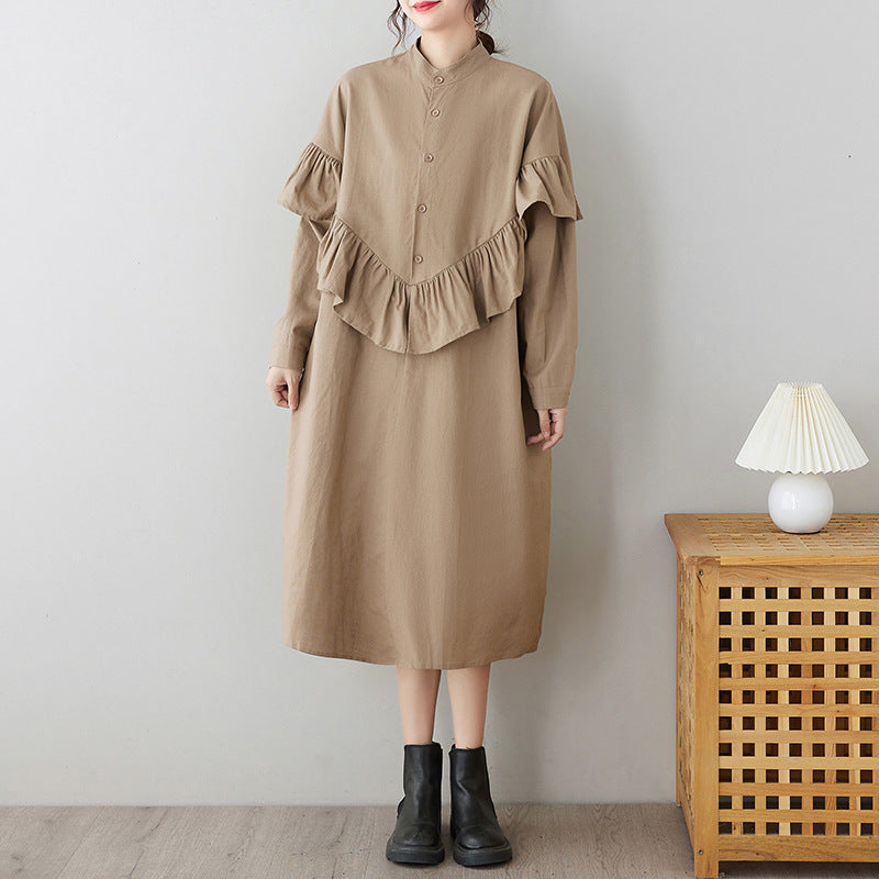 Literary Splicing Stand Collar Midi Dress