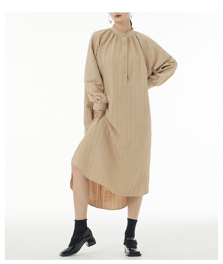Asymmetric Striped Stand Collar Long Sleeve Midi Dress