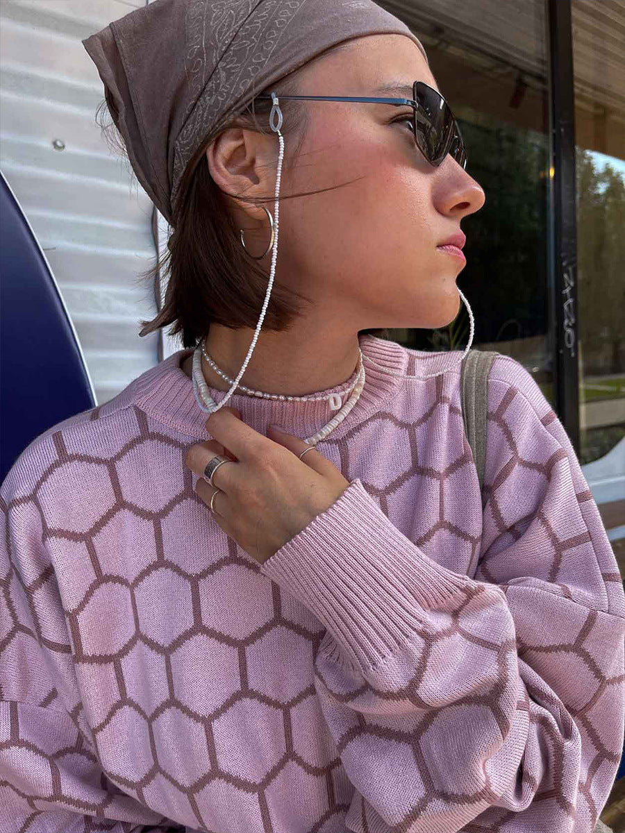 Round neck honey sweater autumn and winter loose plaid pullover round neck knitted women's top