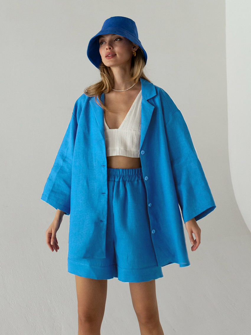 Cotton shorts suit women's lapel loose single-breasted Shirt high waist straight pants two-piece set