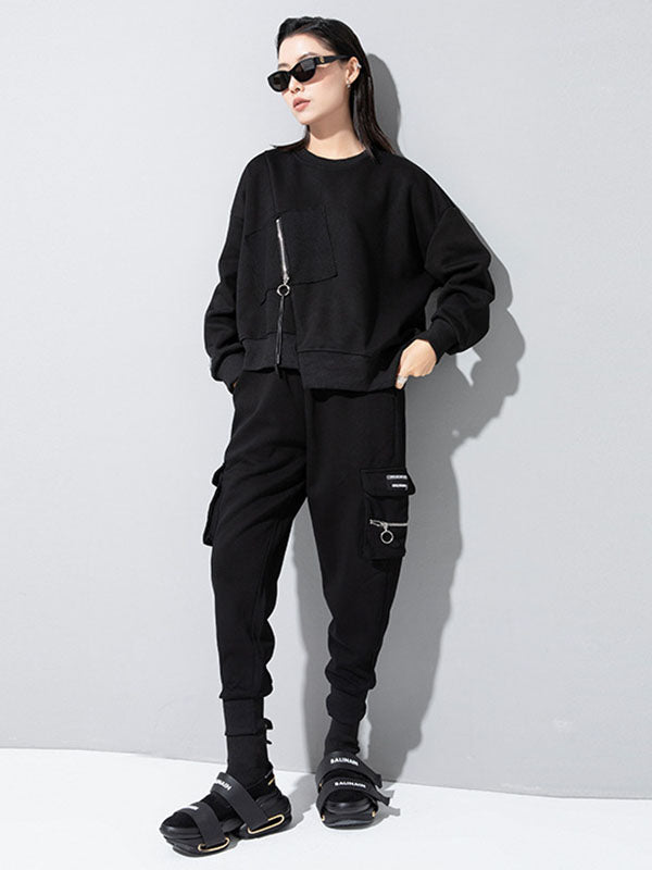 Casual Loose Long Sleeves Asymmetric Solid Color Zipper Round-Neck Sweatshirt Tops