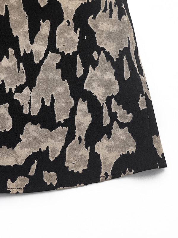 Long Sleeves Loose Printed Split-Joint Tied Waist Lapel Midi Dresses Shirt Dress