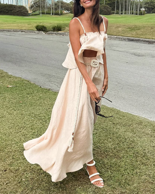 Casual Cotton Linen Woven Rope Top & Skirt Two-piece Set