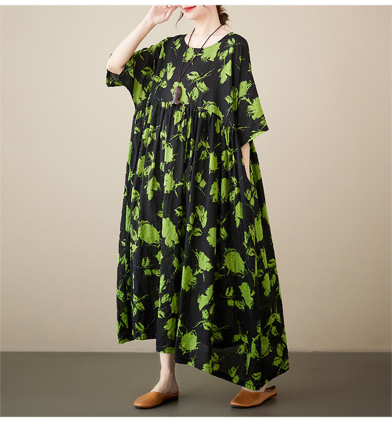 Bohemian Print Short Sleeve Round Neck Midi Dress