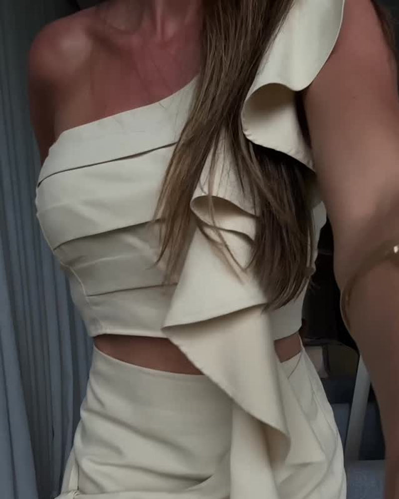 Fashion Ruffled One-Shoulder Top & Skirt Two-Piece Set