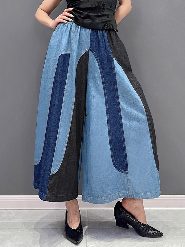 Loose Wide Leg Contrast Color Elasticity Split-Joint Jean Pants Bottoms
