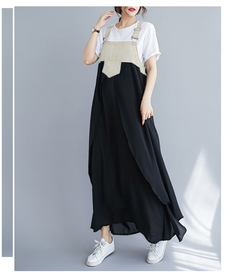 Loose Denim Splicing Suspender Maxi Dress