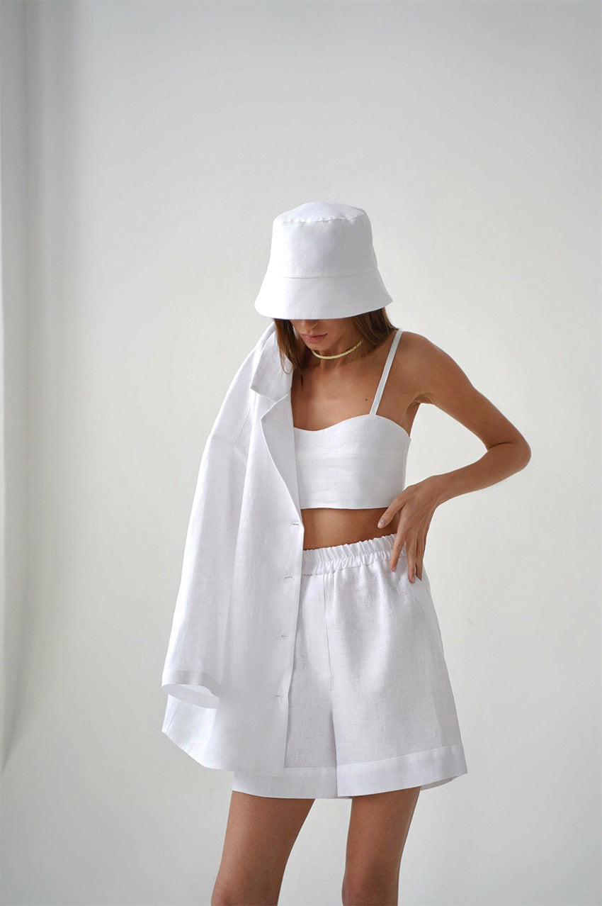 Cotton shorts suit women's lapel loose single-breasted Shirt high waist straight pants two-piece set