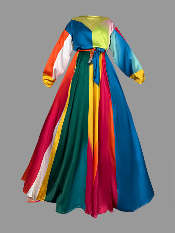 A-Line Long Sleeves Colorful Contrast Color Pockets Tied Waist Round-Neck Maxi Dresses