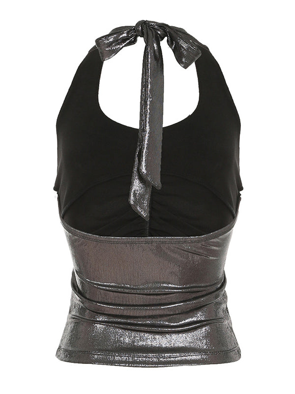 Skinny Sleeveless Backless Pleated Rhine Stones Tied Halter-Neck Vest Top