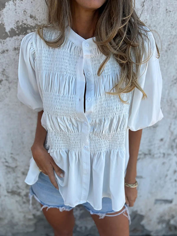 Loose Plus Size Elasticity Pleated Solid Color Round-Neck Blouses&Shirts Tops