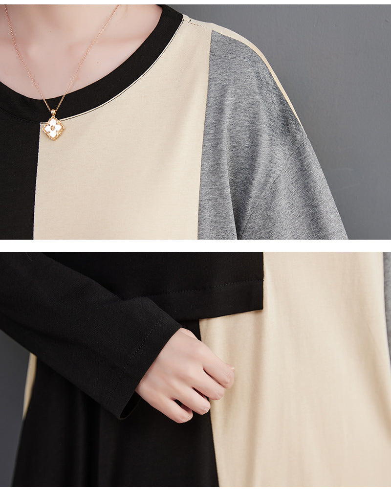 Loose Color Blocking Splicing Round Neck Midi Dress