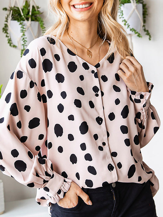Long Sleeves Loose Buttoned Pleated Polka-Dot V-Neck Blouses&Shirts Tops