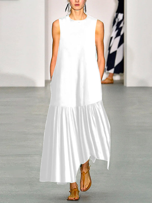 A-line Loose Solid Color Split-Joint Round-neck Maxi Dresses