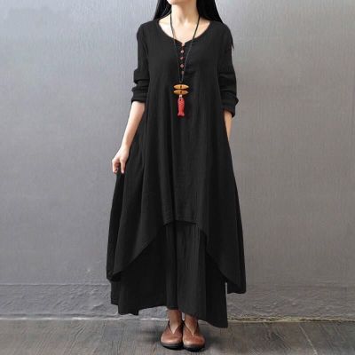 Literary Linen Fake Two Piece Long Sleeve Dress