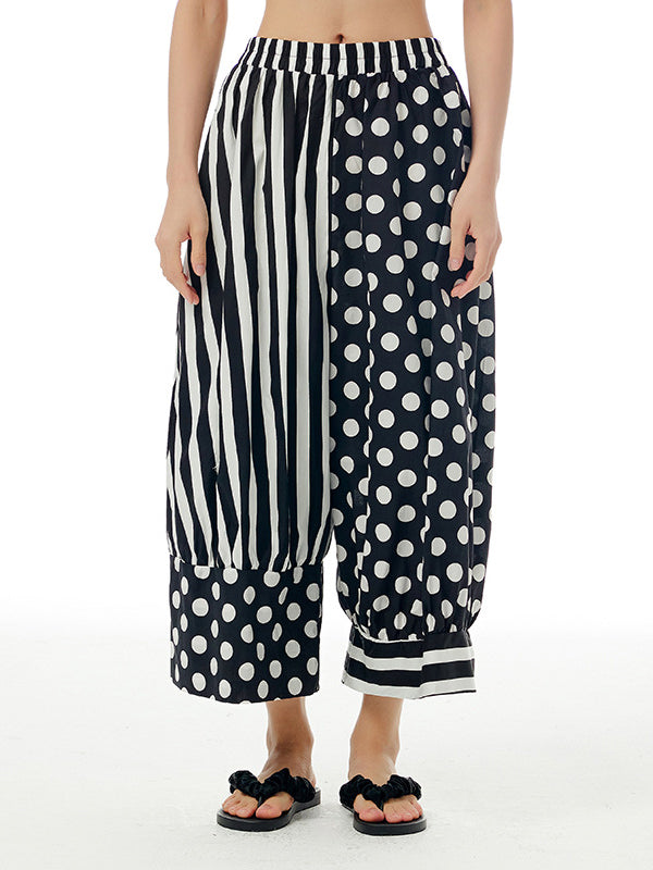 Loose Wide Leg Contrast Color Elasticity Polka-Dot Split-Joint Striped Cropped Trousers Pants