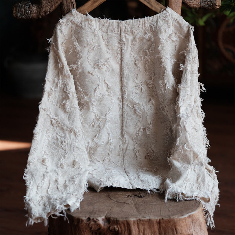 Versatile Cotton Linen Tassel Long Sleeve Blouse