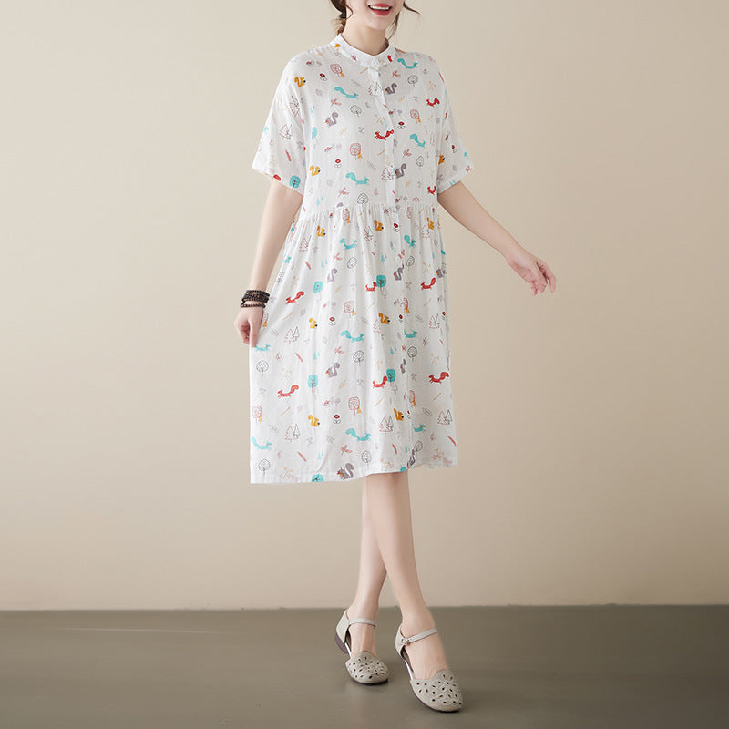 Literary Print Stand Collar Short Sleeve Midi Dress