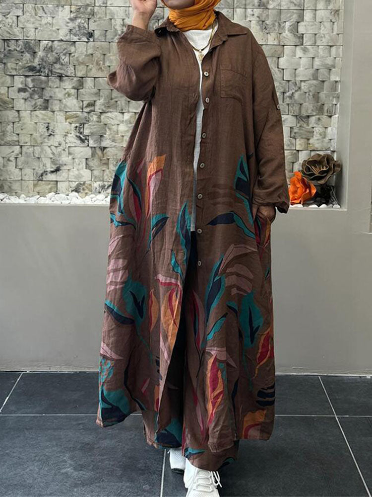 Casual Floral Printing  Long Cardigan Wide-leg Trouser Suit