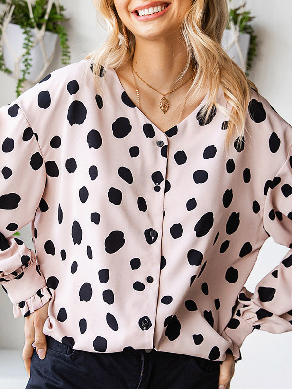 Long Sleeves Loose Buttoned Pleated Polka-Dot V-Neck Blouses&Shirts Tops