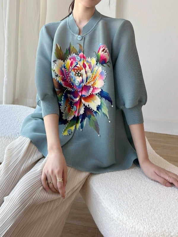 Loose Puff Sleeves Buttoned Flower Print Pleated Round-Neck T-Shirts Tops