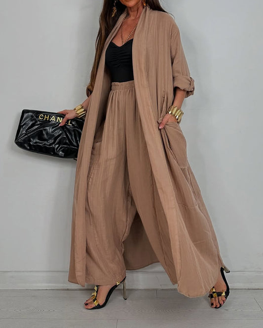 Casual Long Cardigan & Pants Two-piece Set