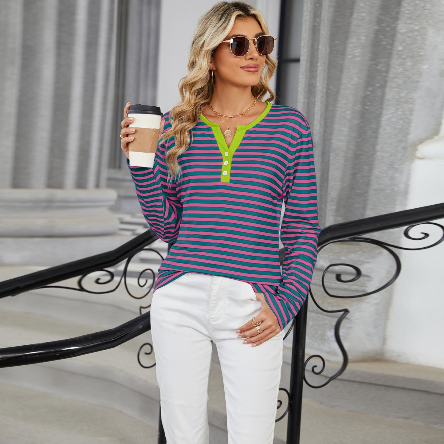 Autumn and winter New V-neck contrast color striped loose long sleeve women's T-shirt tops