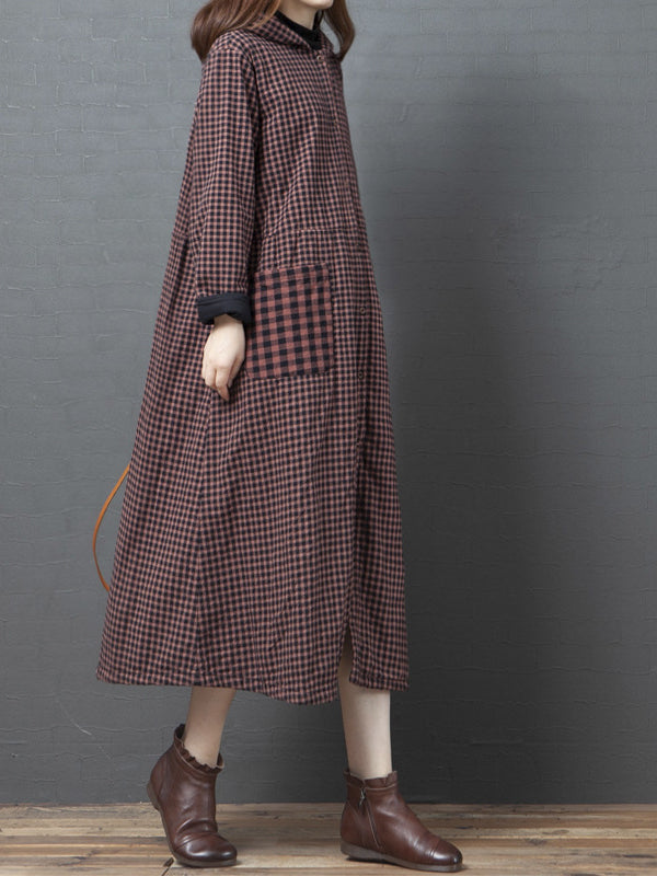 Loose Splicing Hooded Plaid Midi Dress
