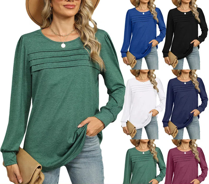 Women's autumn and winter solid color U-neck pleated long-sleeved T-shirt top