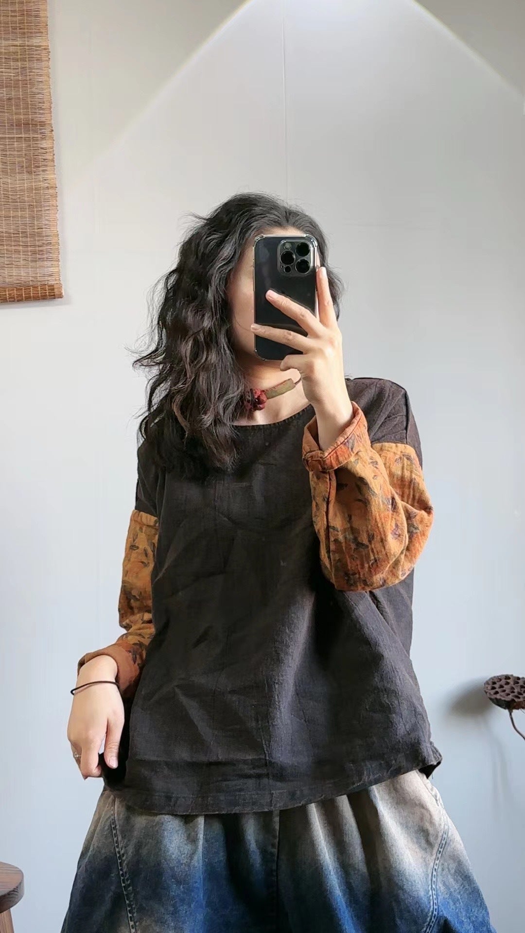 Literary Vintage Splicing Printed Round Neck T-shirt