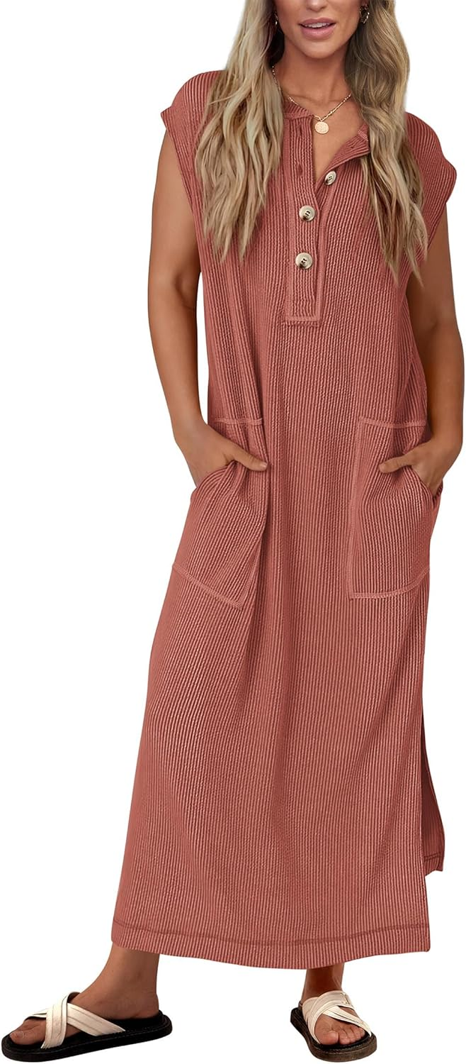 Women's  Ribbed Knit Henley Button Up Maxi Dress (Buy 2 Free Shipping)